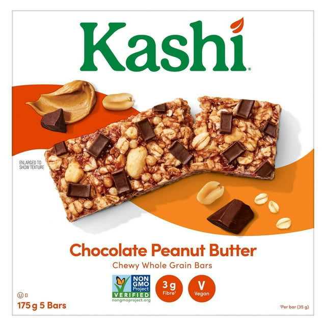 KASHI Whole Grain Bars 175g box, showing the packaging and chocolate peanut butter bar with visible peanuts and dark chocolate pieces