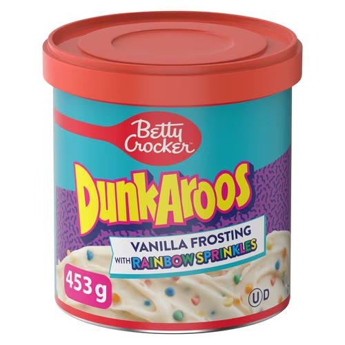 Betty Crocker Dunkaroos Vanilla Frosting canister, showing the white container with vanilla frosting and rainbow sprinkles