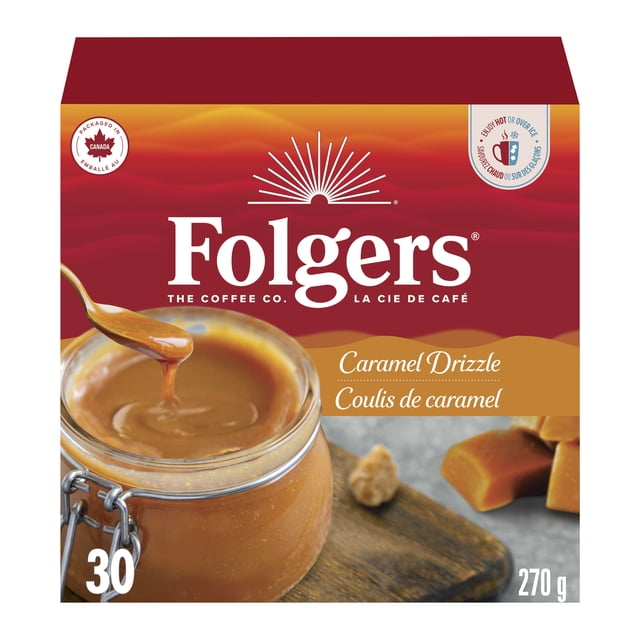 Folgers Caramel Drizzle K-Cup Coffee Pods 270g packaging, showing the red box and coffee pods