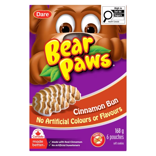 Dare Bear Paws Cinnamon Bun Soft Cookies 168g box, showing cinnamon bun flavour soft cookies and individual pouches