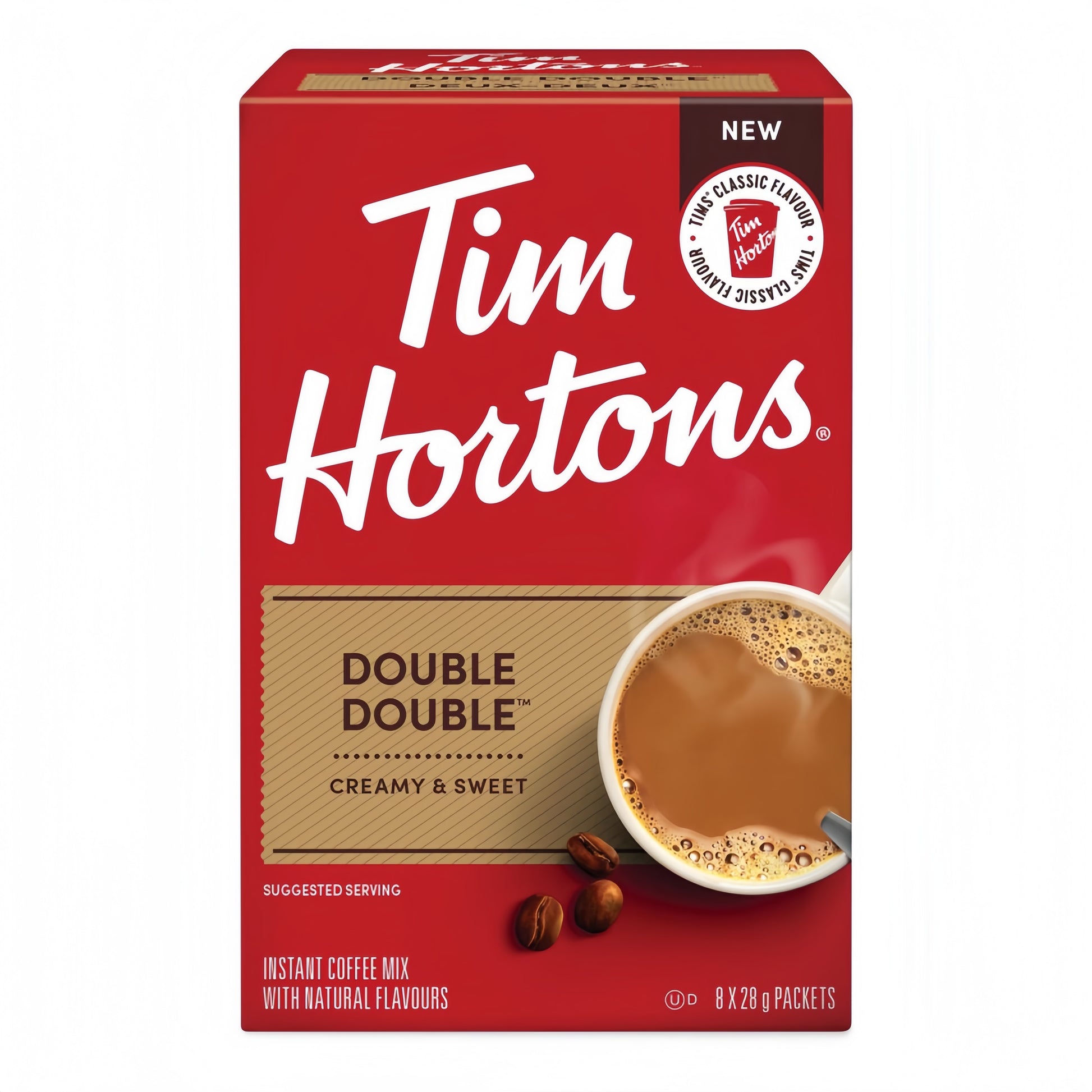 Tim Hortons Double Double Packets 8ct, showing the box and individual sachets