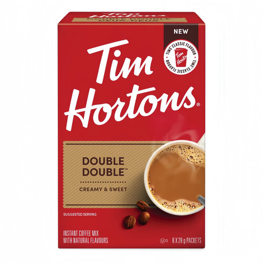 Tim Hortons Double Double Packets 8ct, showing the box and individual sachets