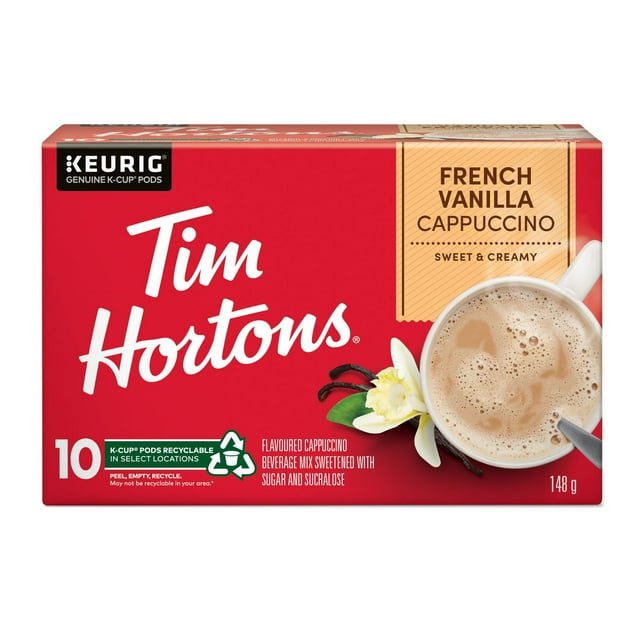Tim Hortons French Vanilla Cappuccino mix packaging, showing the red bag and cappuccino powder texture