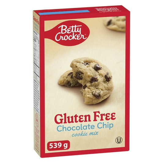 Betty Crocker Gluten Free Chocolate Chip Cookie Mix 539g box, showing the packaging and chocolate chip cookies
