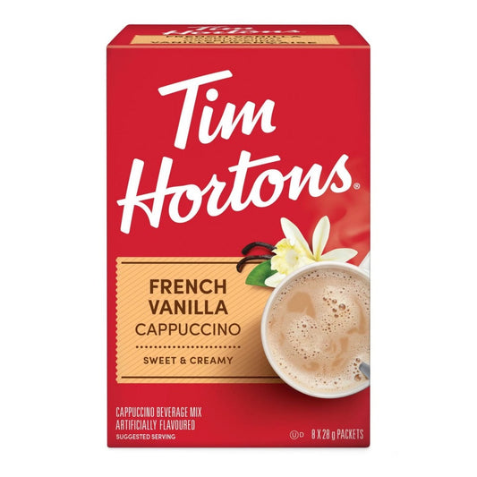 Tim Hortons French Vanilla Cappuccino Packets 8ct, showing the box and individual sachets