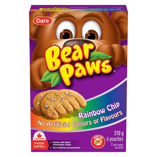 Dare Bear Paws Rainbow Chip Soft Cookies 210g box, showing rainbow chip soft cookies and individual pouches