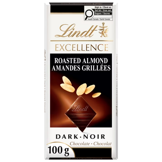 Lindt Excellence Roasted Almond Dark Chocolate Bar 100g with crunchy almond slivers
