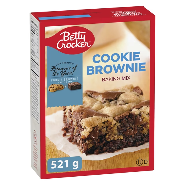 Betty Crocker Cookie Brownie Baking Mix 521g box, showing the double layer cookie brownie finished product image
