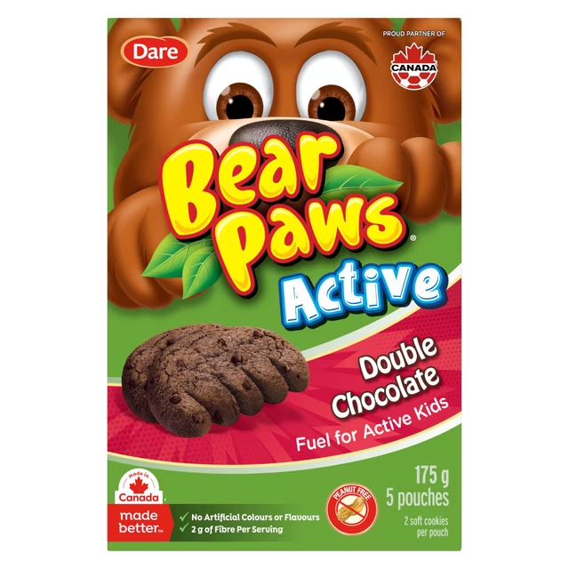 Dare Bear Paws Active Double Chocolate Soft Cookies 175g box, showing double chocolate soft cookies and individual pouches