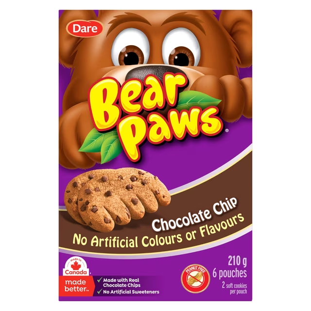 Dare Bear Paws Chocolate Chip Soft Cookies 210g box, showing soft cookies and individual pouches