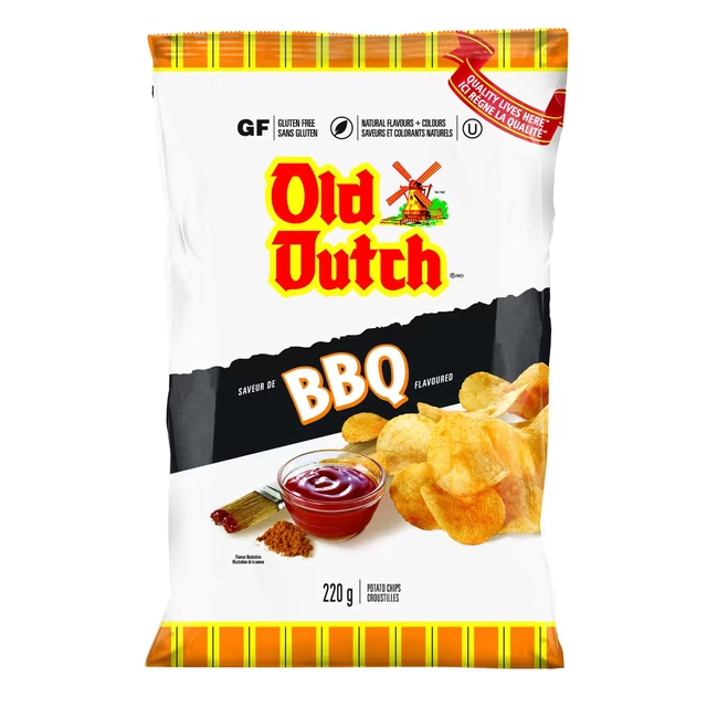Old Dutch BBQ Potato Chips 220g bag with vibrant packaging, showing off the classic golden, crispy texture of the chips.