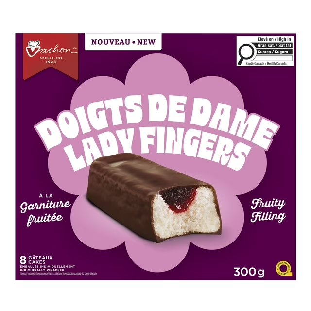 Vachon Lady Fingers Cakes 300g box, showing slender vanilla sponge cakes with chocolate coating