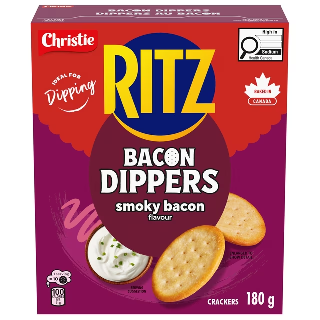 RITZ Bacon Dippers Smoky Bacon Crackers packaging, showing the red box and bacon-flavored dipper crackers