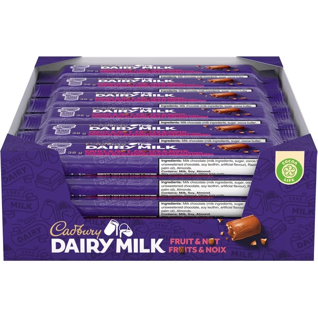 Cadbury Dairy Milk Fruit & Nut Chocolate Bars 24 x 38g, 912g total, made in Canada