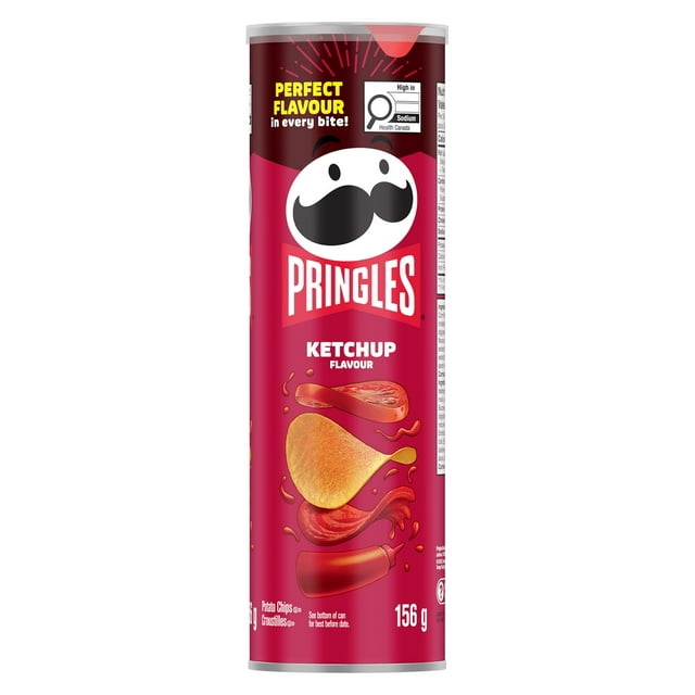Pringles Ketchup Potato Chips 156g canister, showing the red packaging and Pringles chips