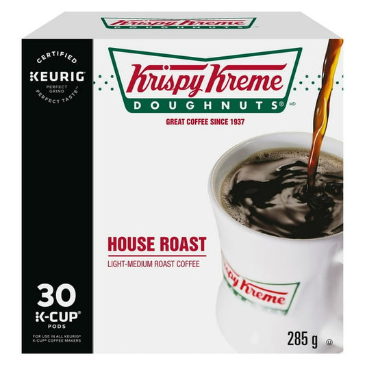 Krispy Kreme House Roast K-Cup Coffee Pods 285g box, showcasing medium roast coffee pods for Keurig brewers