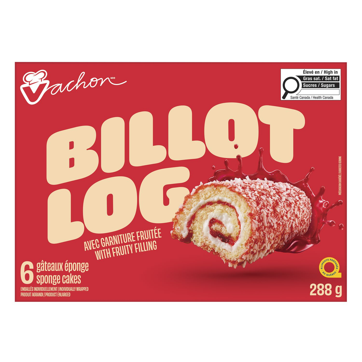 Vachon Jelly Log Cakes 288g box, showing sponge cake rolls with coconut topping and individual wrapping
