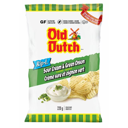 Old Dutch Rip-L Potato Chips 220g with crunchy, ridged chips in a vibrant bag, showing the classic texture and golden color of the chips.