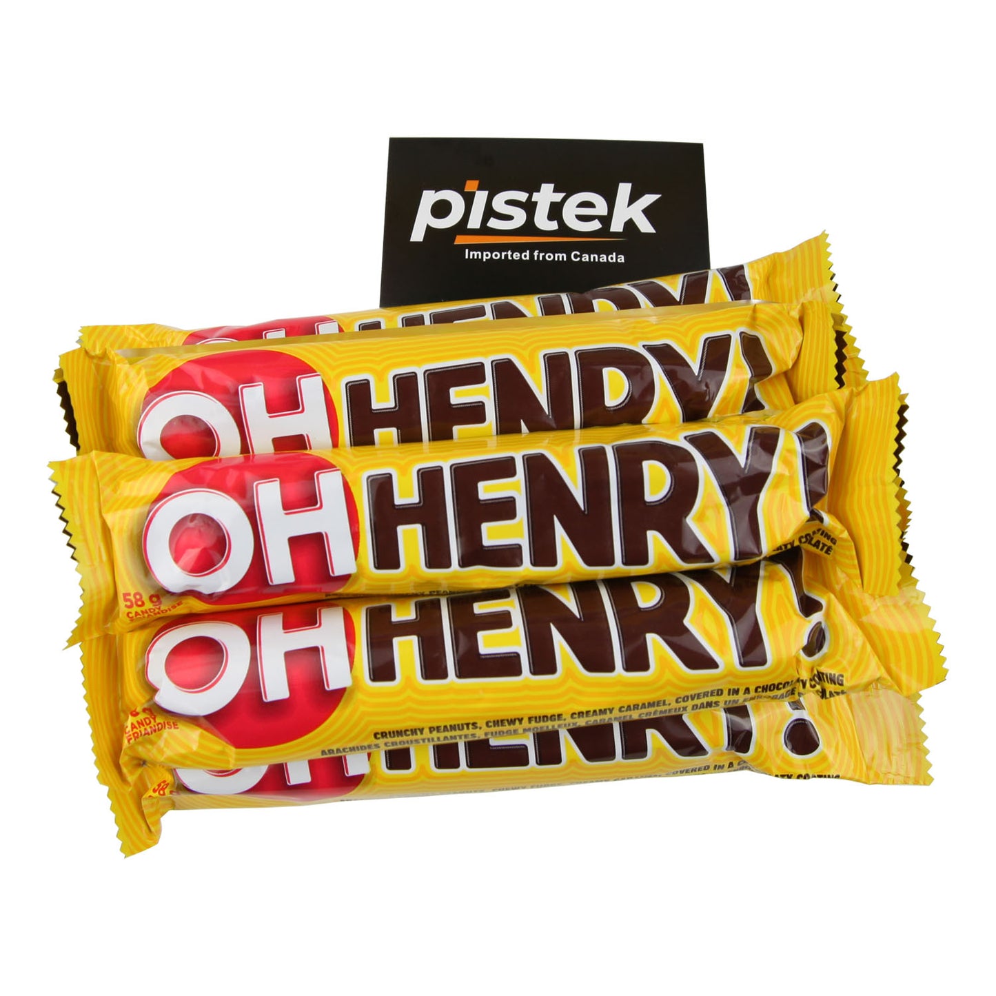 OH Henry! Chocolate Candy Bar 58g, showcasing layers of peanuts, fudge, caramel, and chocolate coating.