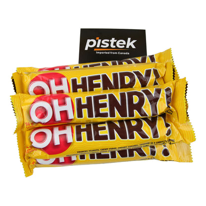 OH Henry! Chocolate Candy Bar 58g, showcasing layers of peanuts, fudge, caramel, and chocolate coating.