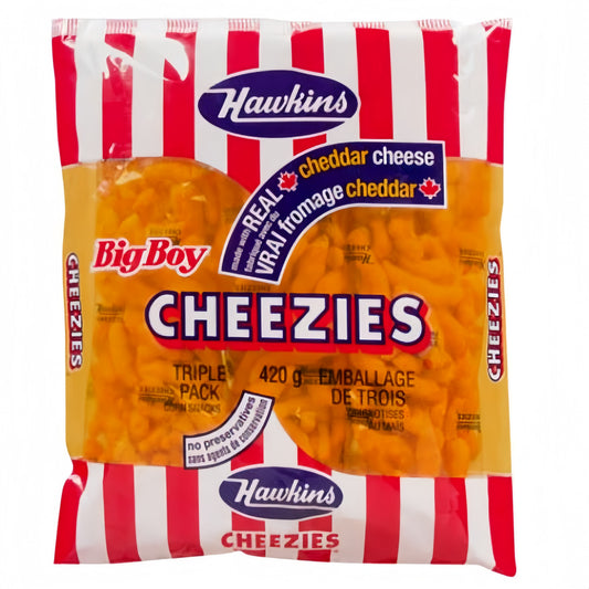 Hawkins Cheezies 420g packaging, showing the large yellow bag and cheesy crunchy snacks