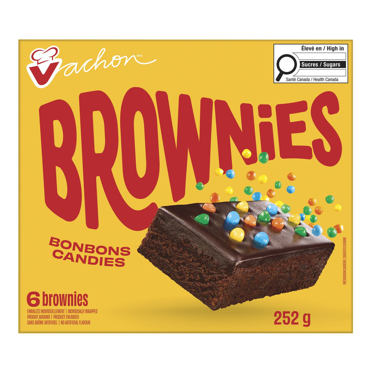Vachon Candy Brownies 252g box, showing soft chocolate brownies with colourful candy topping and individually wrapped cakes