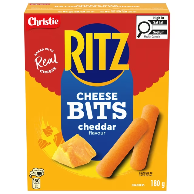 RITZ Cheese Bits Cheddar Crackers 180g box, showing the red packaging and golden cheese cracker bits