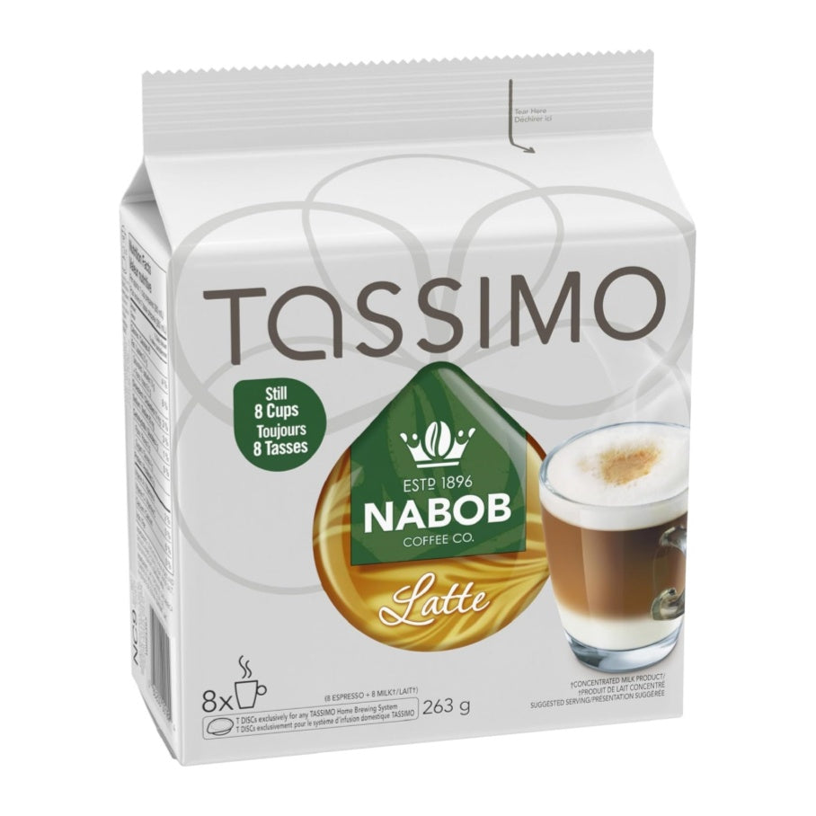 Tassimo Nabob Latte Coffee T-Discs 8ct, showing the box and coffee & milk pods