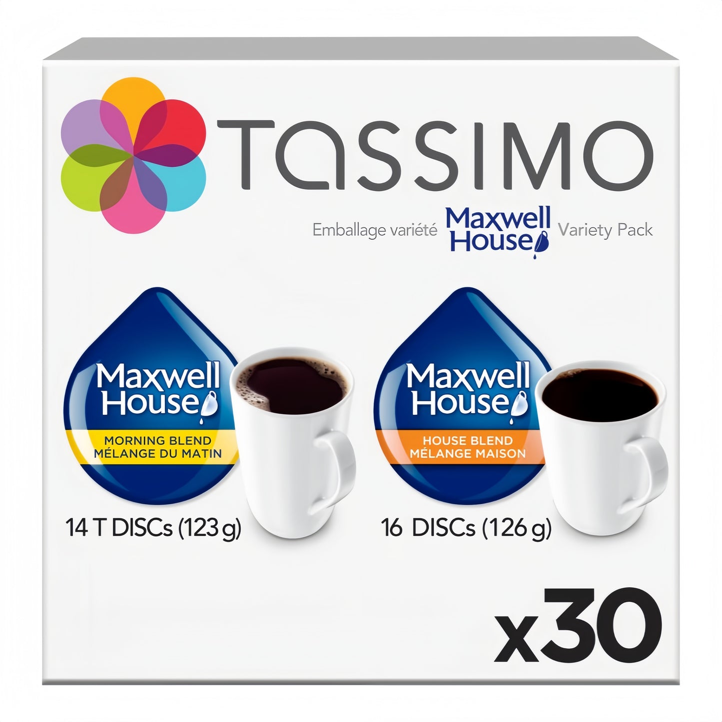 Tassimo Maxwell House Morning Blend & House Blend Coffee T-Discs 30ct, showing the box and coffee pods