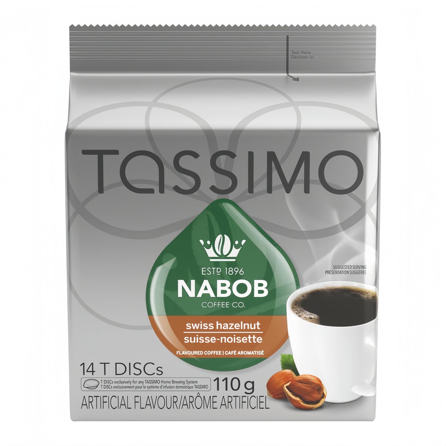 Tassimo Nabob Swiss Hazelnut Coffee T-Discs 14ct, showing the box and coffee pods