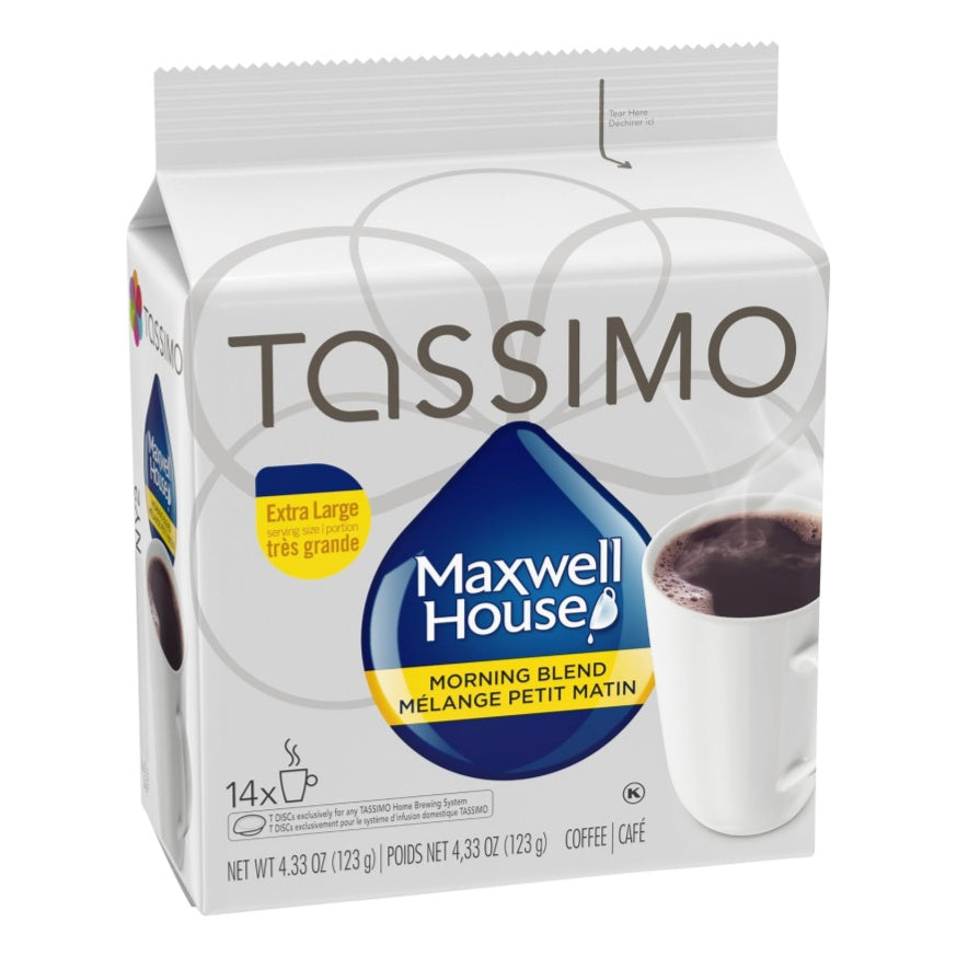 Tassimo Maxwell House Morning Blend Coffee T-Discs 14ct, showing the box and coffee pods