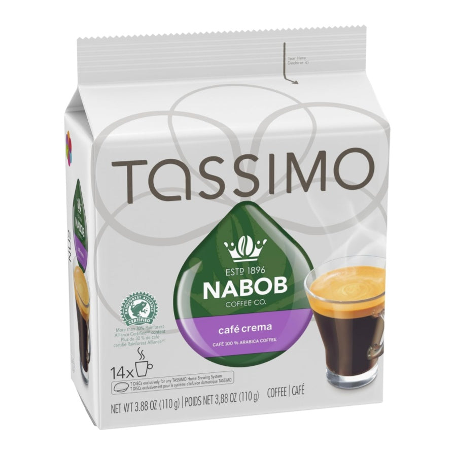 Tassimo Nabob Café Crema Coffee T-Discs 14ct, showing the box and coffee pods