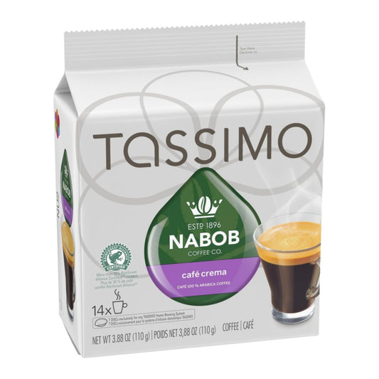 Tassimo Nabob Café Crema Coffee T-Discs 14ct, showing the box and coffee pods