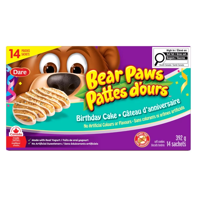 Dare Bear Paws Birthday Cake Soft Cookies Family Pack 392g box, showing birthday cake flavour cookies and 14 individual pouches
