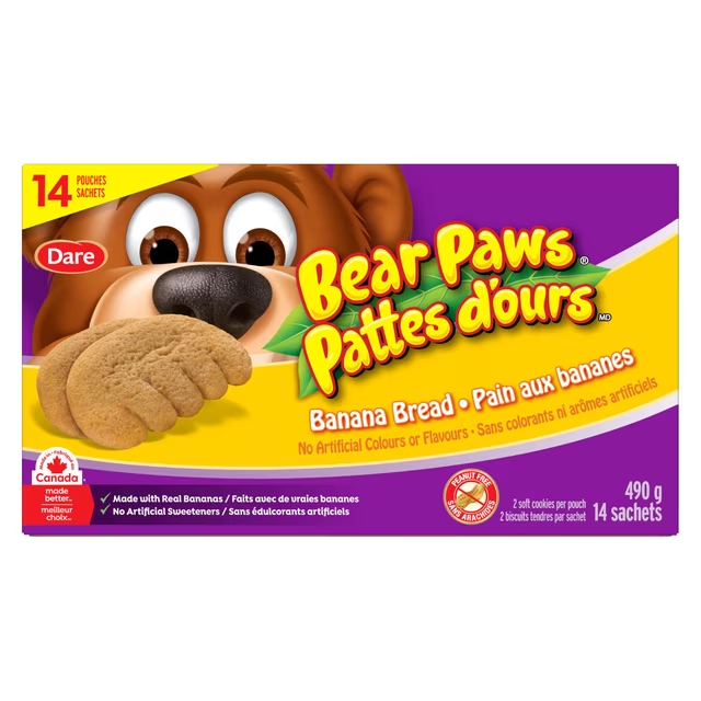 Dare Bear Paws Banana Bread Soft Cookies Family Pack 490g box, showing banana bread cookies and 14 individual pouches