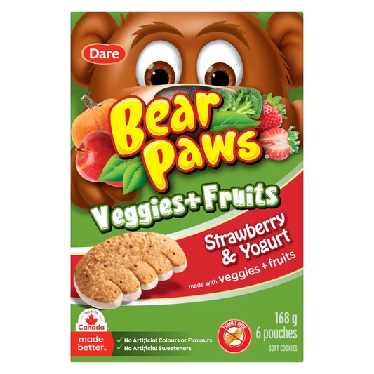 Dare Bear Paws Veggies+Fruits Strawberry & Yogurt Soft Cookies 168g box, showing soft cookies and individual pouches