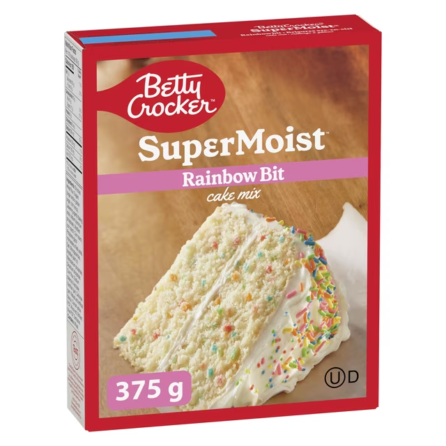 Betty Crocker Super Moist Rainbow Bit Cake Mix 375g box, showing the rainbow bit cake finished product image