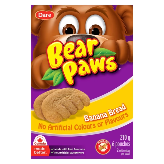 Dare Bear Paws Banana Bread Soft Cookies 210g box, showing banana bread flavour soft cookies and individual pouches