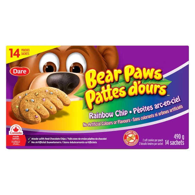 Dare Bear Paws Rainbow Chip Soft Cookies Family Pack 490g box, showing rainbow chip soft cookies and 14 individual pouches