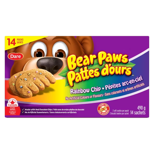 Dare Bear Paws Rainbow Chip Soft Cookies Family Pack 490g box, showing rainbow chip soft cookies and 14 individual pouches