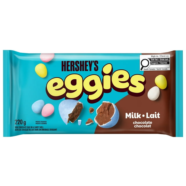 HERSHEY'S EGGIES Milk Chocolate Candy Easter Eggs 220g bag, showing the packaging and colourful candy-coated chocolate eggs