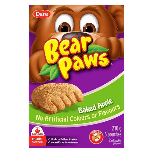 Dare Bear Paws Baked Apple Soft Cookies 210g box, showing baked apple flavour soft cookies and individual pouches