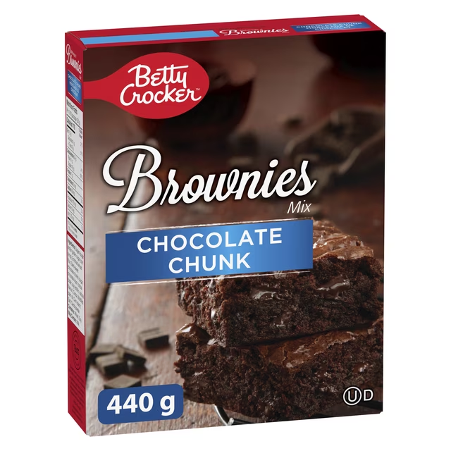 Betty Crocker Chocolate Chunk Brownie Mix 440g box, showing the chocolate chunk brownie finished product image