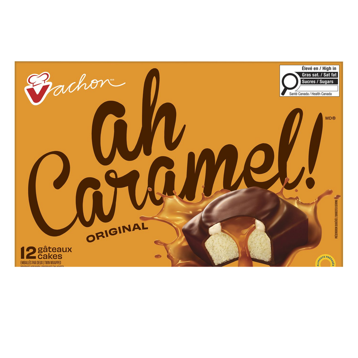 Vachon Ah Caramel Cakes 12ct, showing chocolate-coated cakes with twin-wrapped packaging