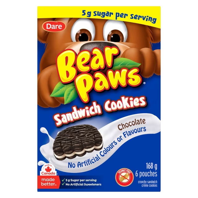 Dare Bear Paws Sandwich Cookies Chocolate 168g box, showing chocolate sandwich cookies and individual pouches