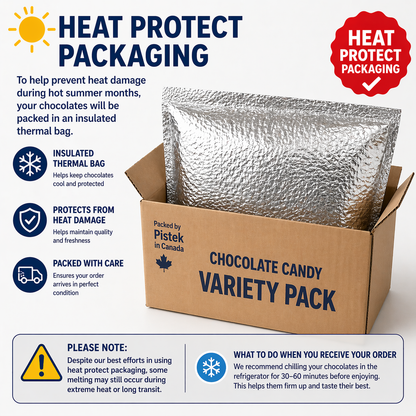 Heat-protected shipping packaging with insulated mailer and cold pack for safe chocolate delivery.