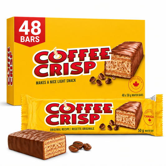 Coffee Crisp Chocolate Bars 50g x 48 bars bulk packaging, showing the large box and individually wrapped coffee flavored chocolate bars