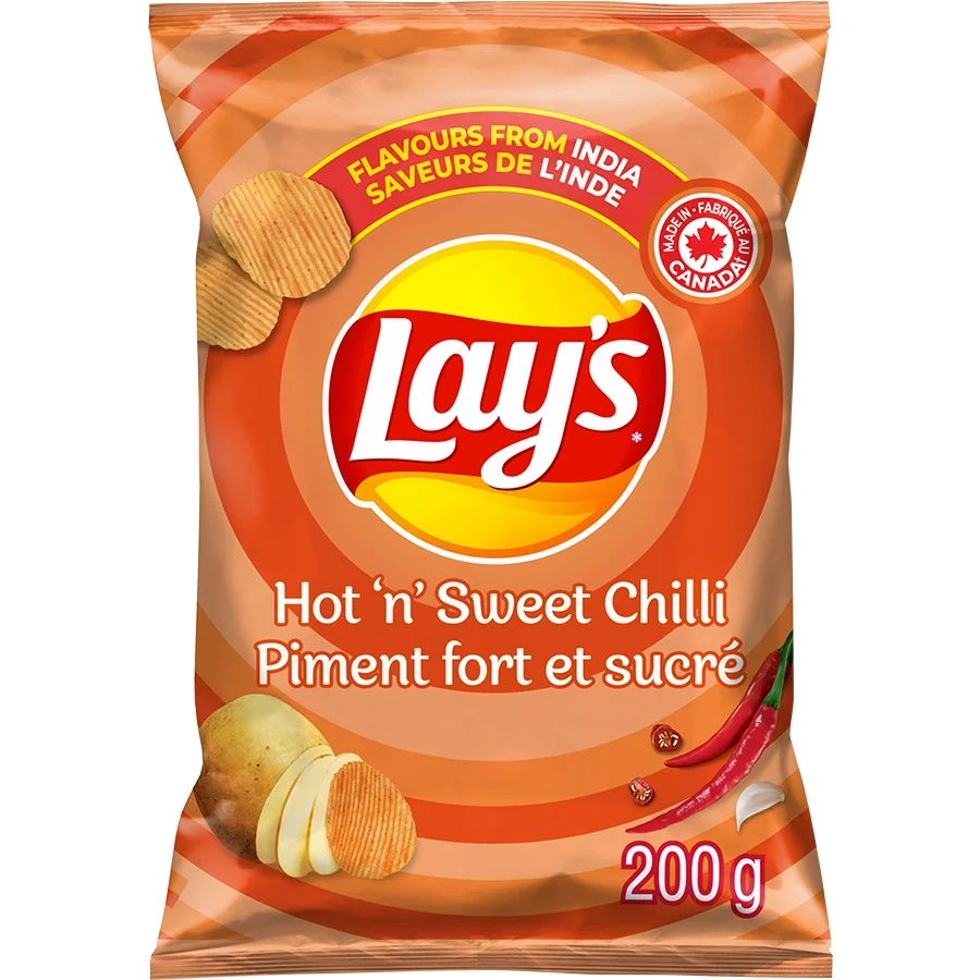 Lay’s Hot 'n' Sweet Chili Ridged Potato Chips 200g bag, showcasing thick ridged chips and sweet spicy flavor.