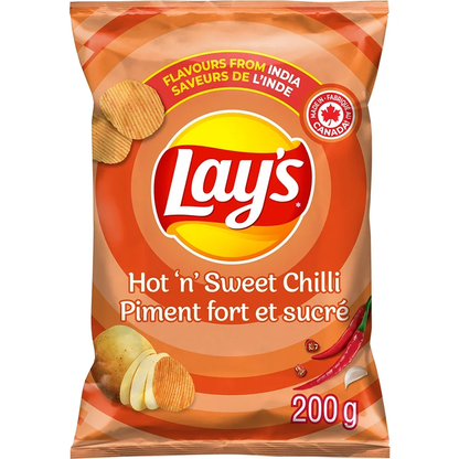 Lay’s Hot 'n' Sweet Chili Ridged Potato Chips 200g bag, showcasing thick ridged chips and sweet spicy flavor.