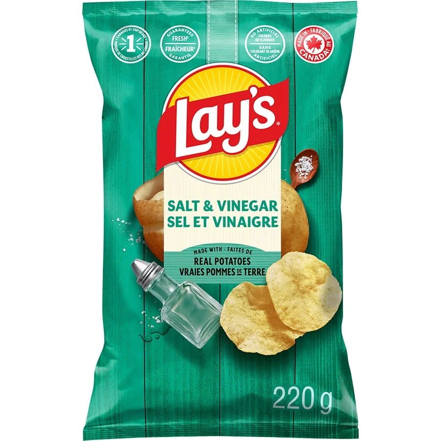 Lay’s Salt & Vinegar Potato Chips 220g bag, showcasing the crispy chips and bold tangy flavor.